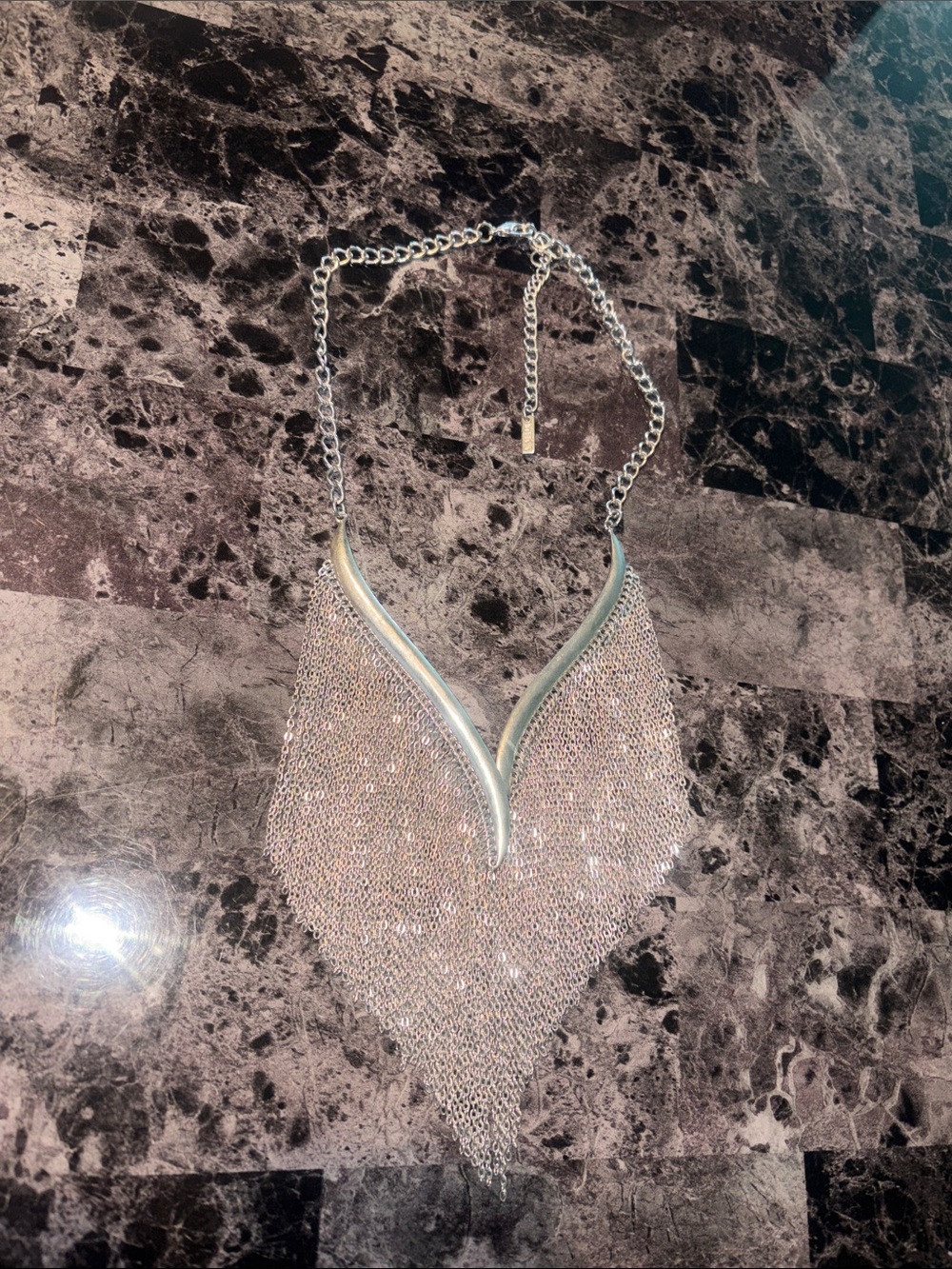 Silver Fringe V-Neck Statement Necklace